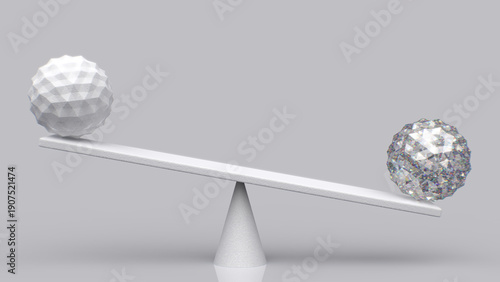 Balancing white and gem balls placed on weighing scales, abstract geometric primitive shapes isolated on grey Gradient background, Statistics chart, comparison metaphor, balance concept - 3d