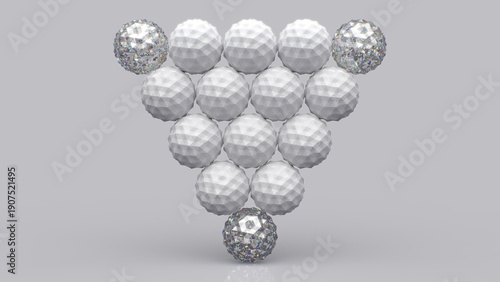 Abstract wall of many nine white and inverted triangle shaped gem polygonal balls grey gradient background, Exception concept, Matrix of geometric polygonal balls shapes - 3d illustration