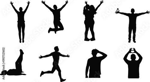 People silhouettes expressing joy freedom success with jumping running cheering poses isolated on white background lifestyle celebration concept illustration stock