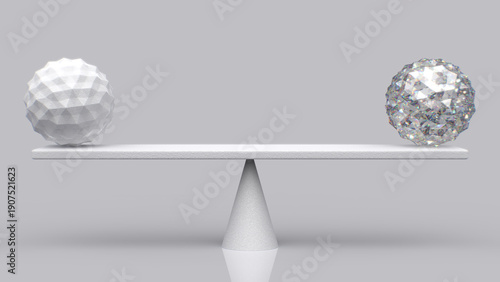 Balancing white and gem balls placed on weighing scales, abstract geometric regular shapes isolated on grey Gradient background, Statistics chart, balance concept - 3d illustration