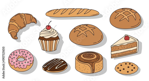 Assorted baked goods including pastries and cakes on a clean background