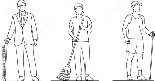 People with walking sticks line art illustration, businessman cleaner and athlete characters, mobility support daily activities minimal outline design vector