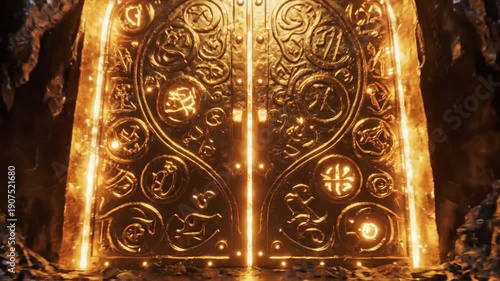 Mystical ancient ornate golden doors glowing with inner light, set within a dark cave entrance, adorned with intricate symbols and patterns, creating an awe-inspiring and mysterious atmosphere