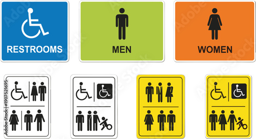 Restroom signs icons, accessible toilet vector, men women symbols, family restroom illustration, gender neutral facilities design, public bathroom signage artwork