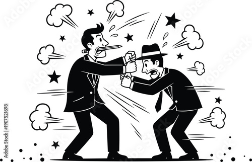 Retro business conflict illustration, two angry men fighting in comic style, black and white vintage drawing showing rivalry stress confrontation