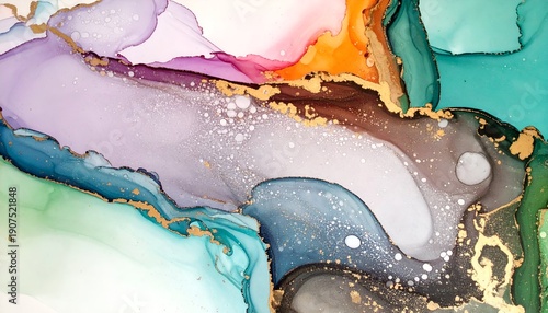 Colorful, flowing abstract art with vibrant hues, textures, and gold accents