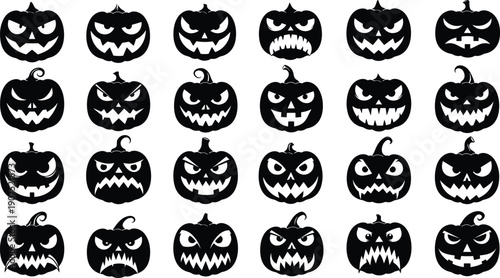 Scary pumpkin face silhouettes set, halloween jack o lantern expressions, spooky carved pumpkins icons, black vector illustration isolated background design