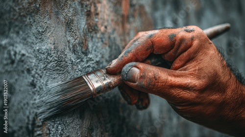 Wallpaper Mural Close Up of Dirty Hand Painting Rough Wall with Brush in Hand Torontodigital.ca