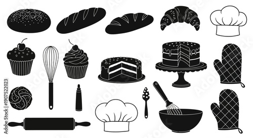 Baking Essentials and Treats Displayed in a Clean White Environment from a Straight-On Viewpoint Whisk_66679c2425303e29f36415e9c1dcbc19dr.eps