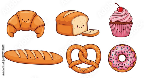 Assorted baked goods including croissants, bread, cupcakes, and pastries displayed.