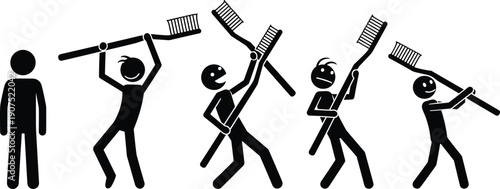 Stick figure people attacking with giant toothbrushes, funny violence metaphor illustration, dental hygiene conflict concept, black and white vector art
