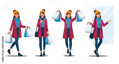 Woman walking with shopping bags in various poses and gestures in a studio setting