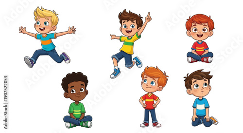 Group of diverse children playing together, jumping and sitting, showcasing happiness and friendship in a playful scene