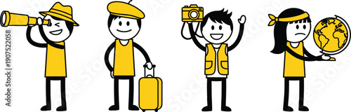 Travel cartoon characters illustration set, tourists exploring world with camera luggage telescope and globe, flat vector design for tourism concepts