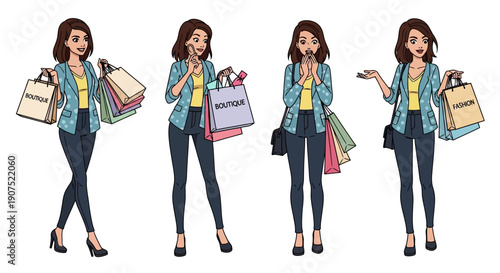A young woman in various poses holding shopping bags and clothes, showcasing a carefree shopping experience from different viewpoints.