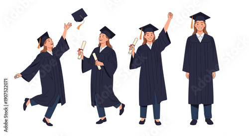 Graduates in caps and gowns celebrating success in various dynamic poses with diplomas