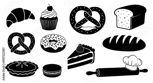 Assorted baked goods, pastries, and baking tools on display, showcasing various treats and utensils in a culinary setting