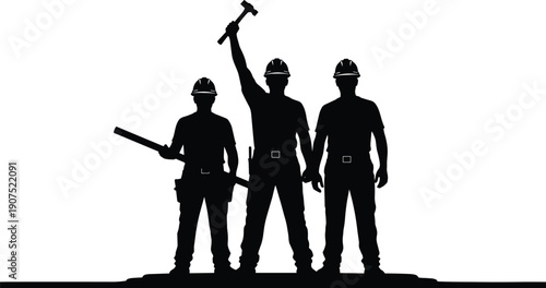 Silhouette of three construction workers standing together, foreman holding hammer high, builder carrying blueprint, industrial team wearing hard hats, safety.