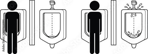 Urinal icons, restroom hygiene vector, toilet flushing illustration, bathroom silhouette design, public restroom artwork, sanitation pictogram, male restroom signage graphic set