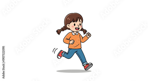 Young girl with pigtails running energetically in casual clothes with a joyful expression