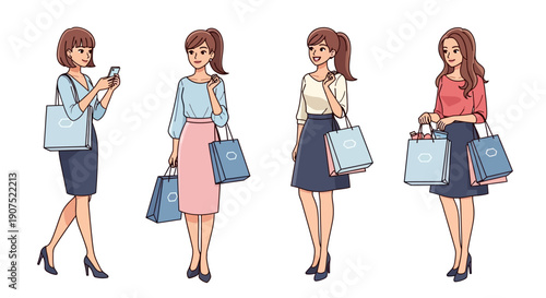 Illustration of four women carrying shopping bags from different viewpoints