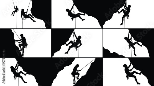 Silhouette of Rock Climbers Rappelling and Abseiling on Steep Cliffs During Extreme Outdoor Adventure Sports Activity in Minimalism Black and White