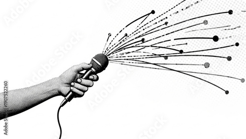Dynamic illustration of a hand holding a microphone, symbolizing the power of communication and spread of information