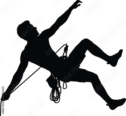 Silhouette of a male rock climber lead climbing with ropes and harness equipment on a white background for sports design