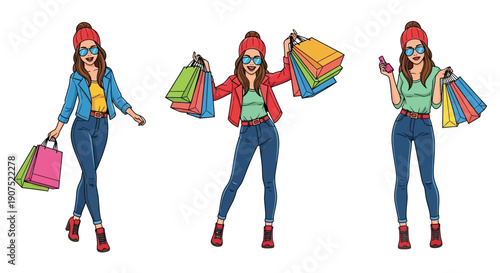 Fashionable young woman enjoying shopping spree with bags and mobile phone