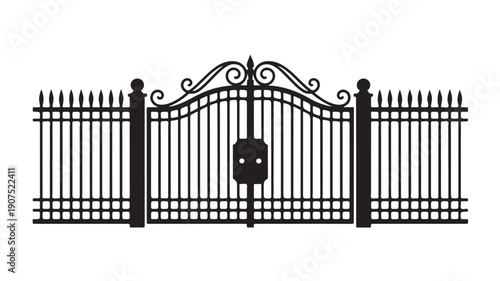 Ornate Metal Gate with Decorative Fencing in Black Silhouette on White Background for Security and Architecture