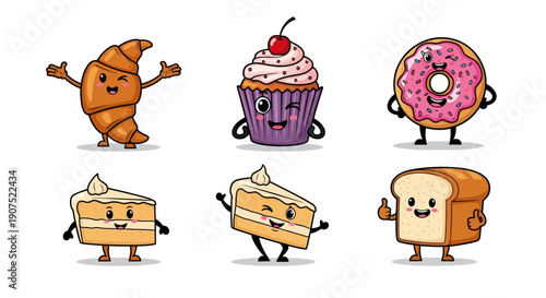 Assorted baked goods characters illustration featuring croissant, cake, cupcake, and other sweet treats in a playful animated scene
