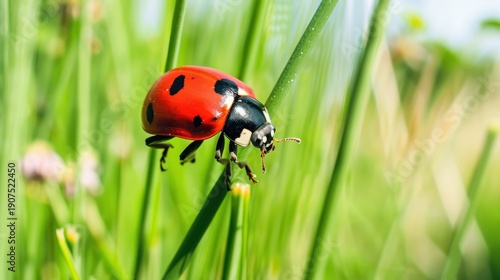 Wallpaper Mural Close-up of Red Ladybug on Green Grass Blade in Natural Sunlight Torontodigital.ca
