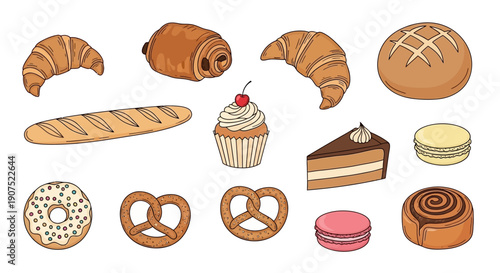 Assorted baked goods including croissants, bread, cake, and pastries displayed on a clean white background, viewed from directly above.