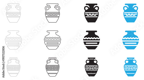 Ancient ceramic vase icon vector set, flower vase symbol vector, silhouette and line art