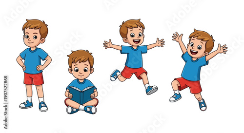Young boy in various dynamic poses showcasing energetic movements and activities with joyful expressions