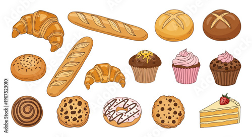 Assorted baked goods and pastries displayed together in a digital illustration
