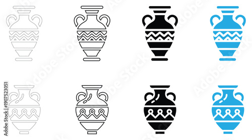 Ancient ceramic vase icon vector set, flower vase symbol vector, silhouette and line art
