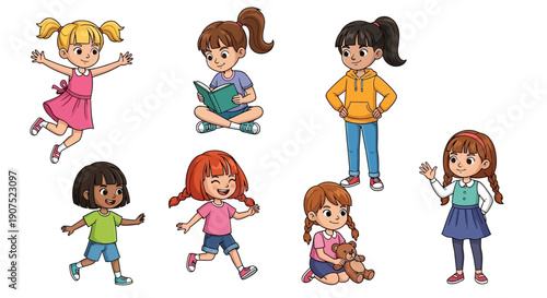 Group of diverse cartoon children playing and standing together in various poses and activities