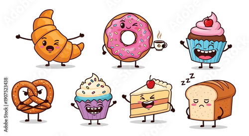 Assorted baked goods and pastries, including croissants and cakes, standing and relaxing