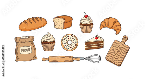 Assorted baked goods and baking utensils arranged on a clean white surface from a top-down viewpoint