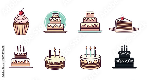 Assorted cakes and desserts, including cupcakes and multi-tiered cakes, displayed on plates from a straightforward viewpoint.
