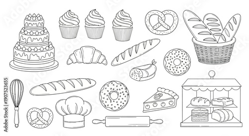 Assorted bakery items illustration featuring bread, pastries, and desserts in a graphic display