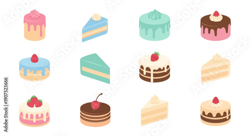 Assorted cakes and pastries displayed on a clean white background, viewed from directly above, showcasing various sweet desserts