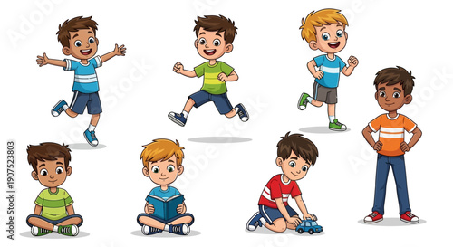 Group of diverse children playing and skateboarding together in a colorful illustration