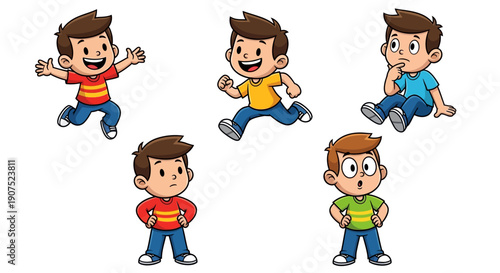 Illustration of a boy in various dynamic poses and colorful clothing, showcasing different actions and expressions from a frontal viewpoint
