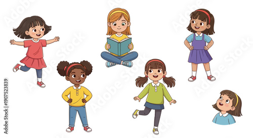 Group of diverse young girls in various poses and outfits, showcasing playful energy and vibrant colors in an illustration