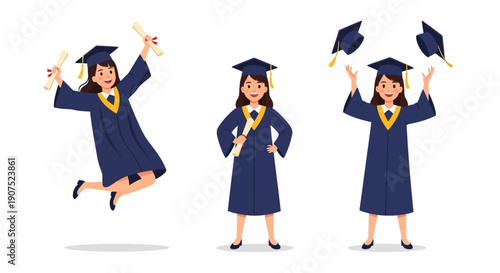 Graduates celebrating their achievement with joyful leaps and proud smiles in graduation attire