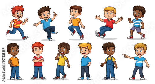 Diverse group of children running and playing together in various poses and outfits