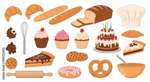 Assorted baked goods and pastries displayed on a clean surface, viewed from directly above, showcasing various treats and baking tools.