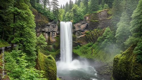 Wallpaper Mural Majestic Waterfall Surrounded by Lush Green Forests and Misty Atmosphere. Torontodigital.ca